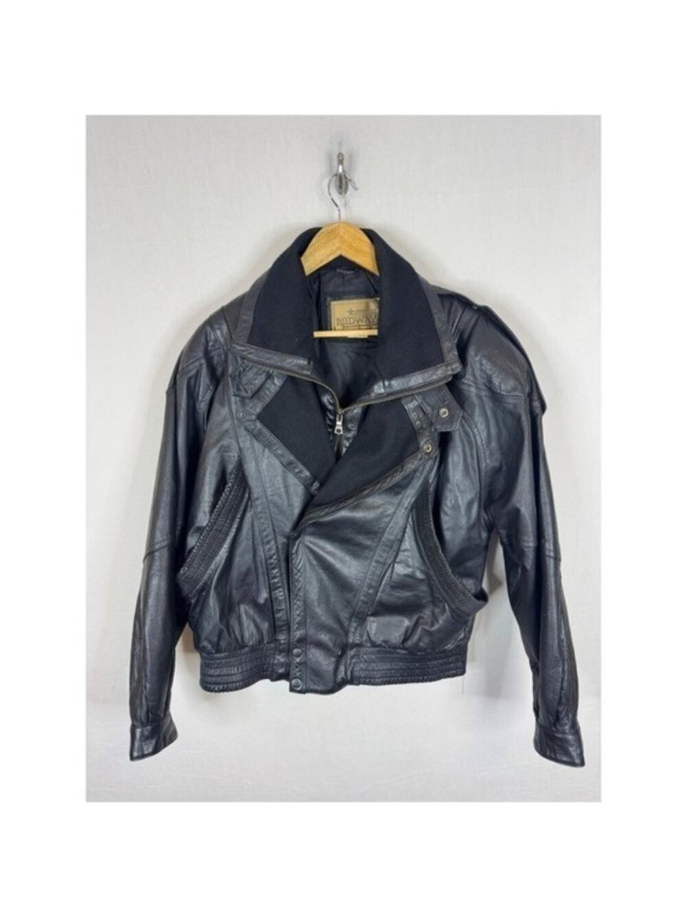 Midway Vintage 80s Mens M Black Leather Bomber Jacket Double Collar Epaulets